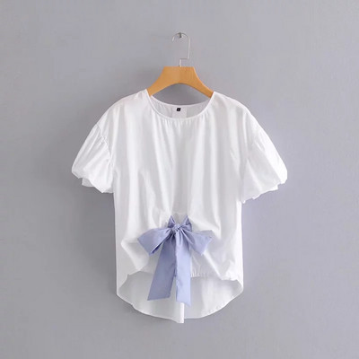 Cămașă de damă cu element panglică în albastru și alb