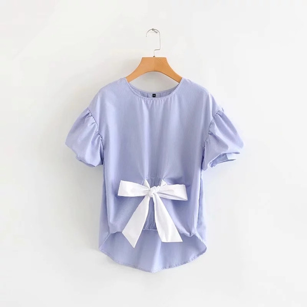 Cămașă de damă cu element panglică în albastru și alb