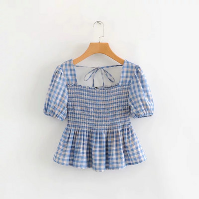 Bluză de damă în carouri cu mâneci scurte de culoare albastră