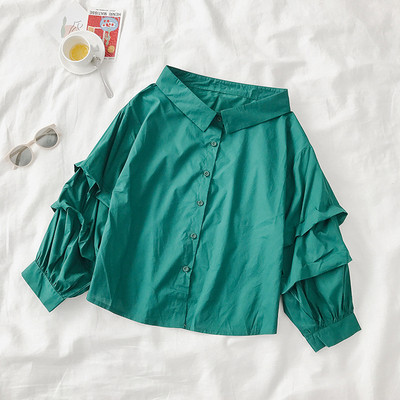 Camasa moderna de dama cu maneca lunga in alb si verde