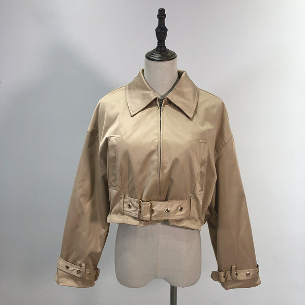 Jachetă subțire de primăvară-toamnă cu curea în talie - maro