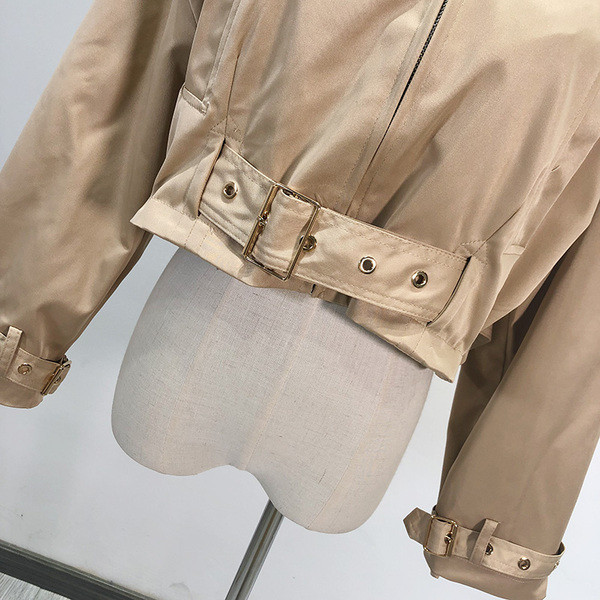 Jachetă subțire de primăvară-toamnă cu curea în talie - maro