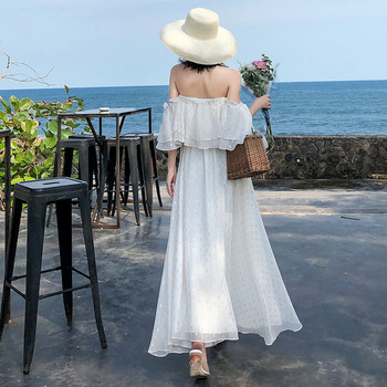 Rochie lungă de damă albă cu mâneci căzute