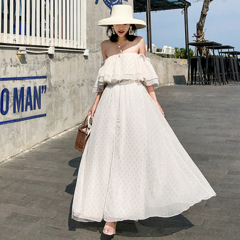 Rochie lungă de damă albă cu mâneci căzute