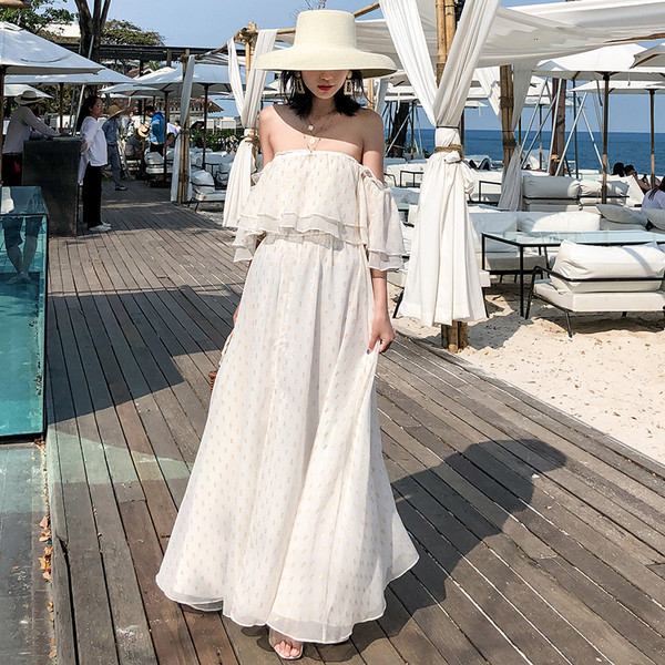 Rochie lungă de damă albă cu mâneci căzute