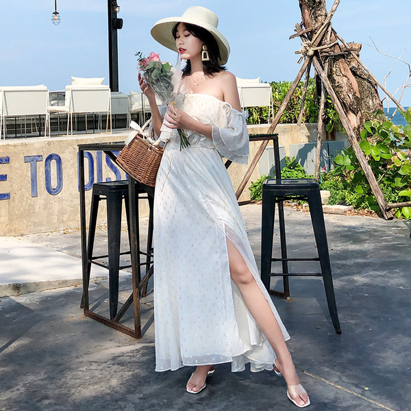 Rochie lungă de damă albă cu mâneci căzute