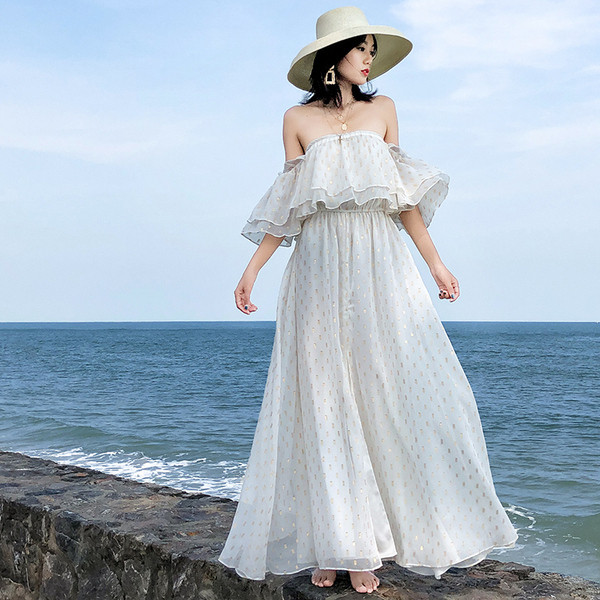 Rochie lungă de damă albă cu mâneci căzute