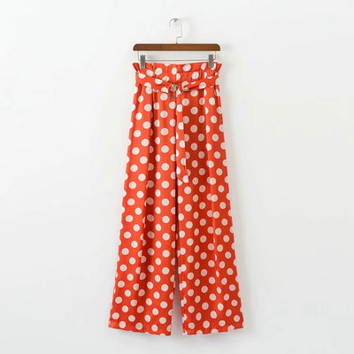 Дамски модерен панталон на точки с висока талия в червен цвят