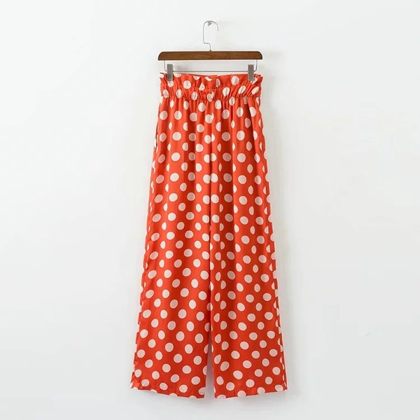 Дамски модерен панталон на точки с висока талия в червен цвят 