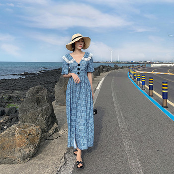 Rochie casual de dama in albastru cu decolteu in V