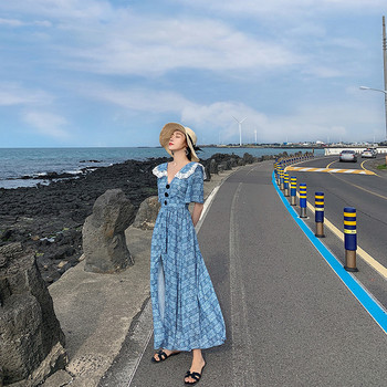 Rochie casual de dama in albastru cu decolteu in V