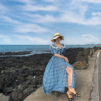 Rochie casual de dama in albastru cu decolteu in V