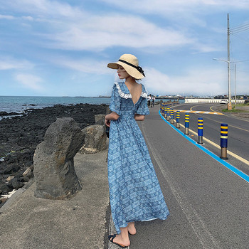 Rochie casual de dama in albastru cu decolteu in V