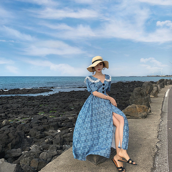 Rochie casual de dama in albastru cu decolteu in V