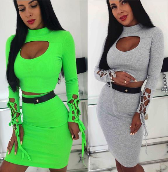 Set de damă din două părți cu părți decupate și cravate de culoare gri și verde