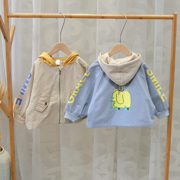 Geaca de copii model nou pentru baieti cu gluga in albastru si bej