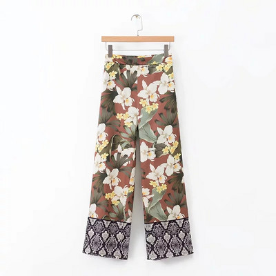 Дамски стилен панталон с висока талия и цветен десен 