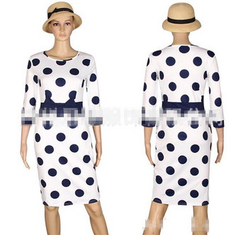 Rochie moderna de dama cu buline cu panglica in albastru si alb