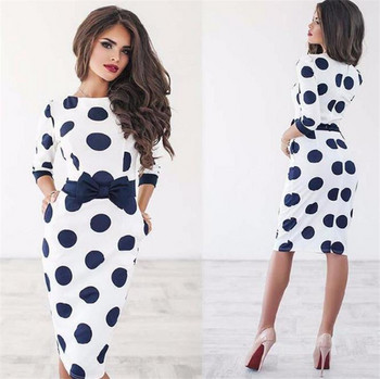 Rochie moderna de dama cu buline cu panglica in albastru si alb