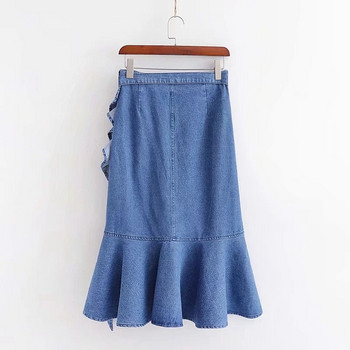 Fusta de dama din denim model asimetric de culoare albastra