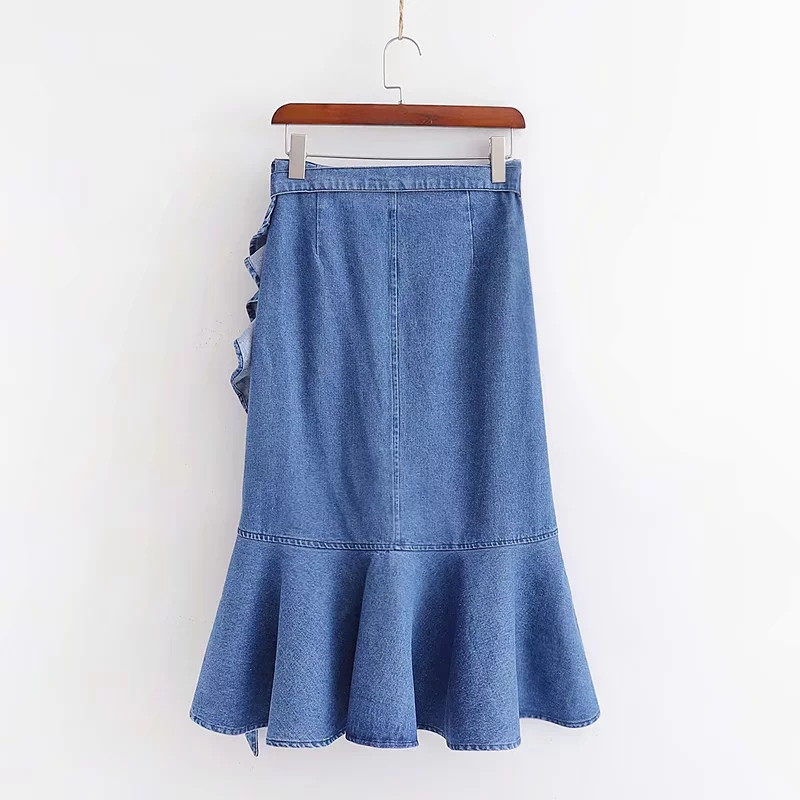 Fusta de dama din denim model asimetric de culoare albastra