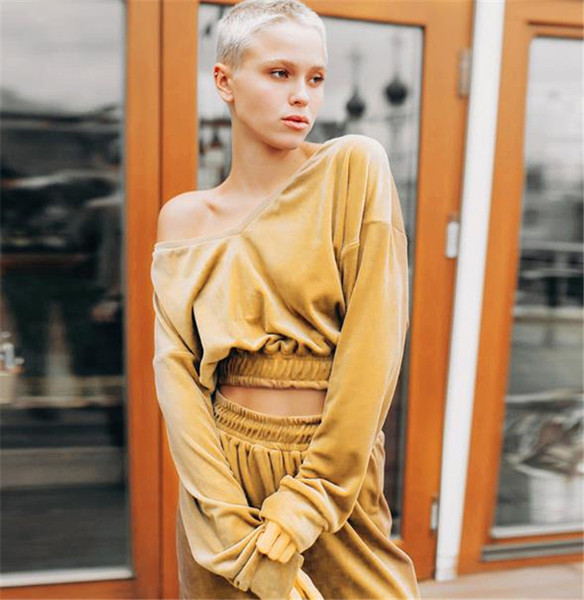 Set de damă sport și casual din catifea în galben și negru