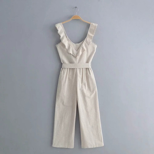 Salopeta de dama cu centura in talie in bej si alb