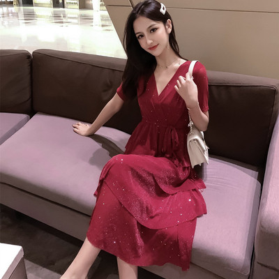 Rochie moderna de dama cu maneci scurte in negru si rosu