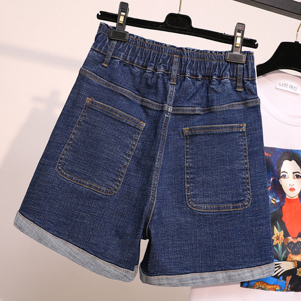 Pantaloni scurți de damă cu talie înaltă și mărimi până la 5XL în albastru și negru