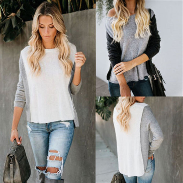 Bluză de damă modernă cu mâneci lungi și decolteu O în gri și alb