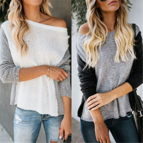 Bluză de damă modernă cu mâneci lungi și decolteu O în gri și alb