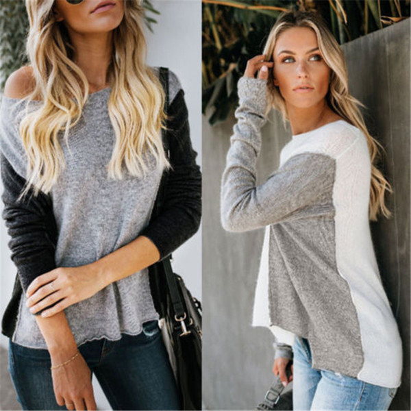 Bluză de damă modernă cu mâneci lungi și decolteu O în gri și alb