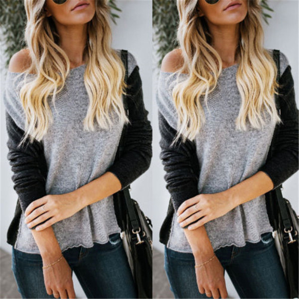 Bluză de damă modernă cu mâneci lungi și decolteu O în gri și alb