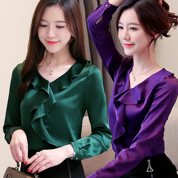 Cămașă de damă în patru culori cu mâneci lungi și decolteu în V