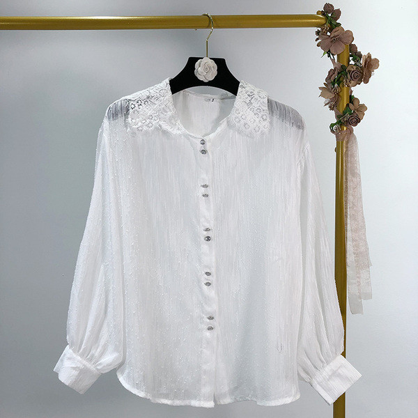 Cămașă de șifon de damă cu guler din dantelă