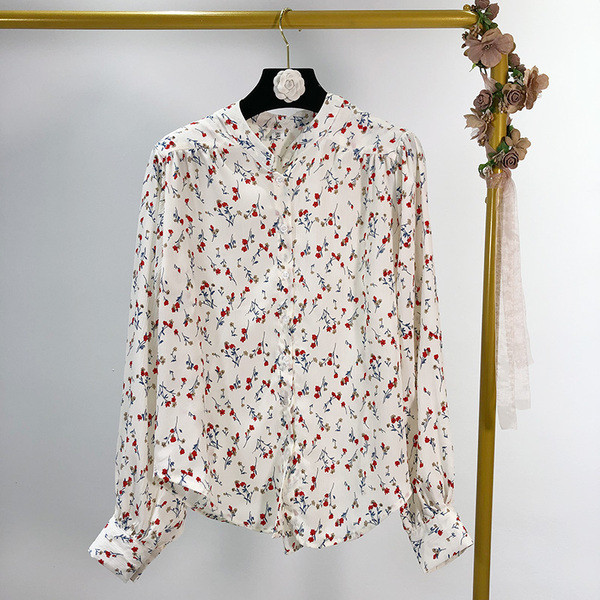 Cămașă cu mânecă lungă, albă, cu model floral