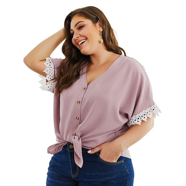 Cămașă de damă elegantă cu mâneci scurte și dantelă roz