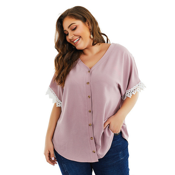 Cămașă de damă elegantă cu mâneci scurte și dantelă roz