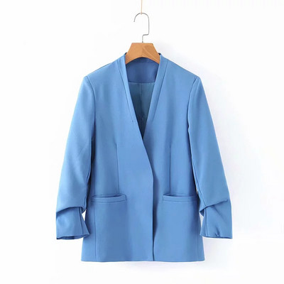 Дамско сако с V-образно деколте в син цвят 