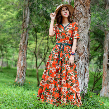 Rochie de dama moderna cu model floral cu talie inalta