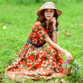 Rochie de dama moderna cu model floral cu talie inalta