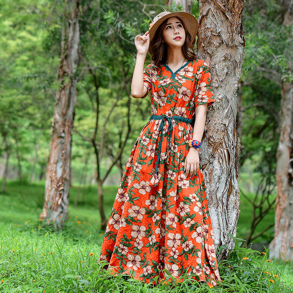 Rochie de dama moderna cu model floral cu talie inalta