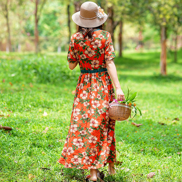 Rochie de dama moderna cu model floral cu talie inalta