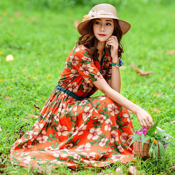 Rochie de dama moderna cu model floral cu talie inalta