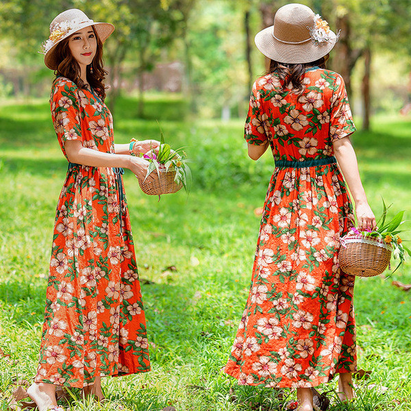 Rochie de dama moderna cu model floral cu talie inalta