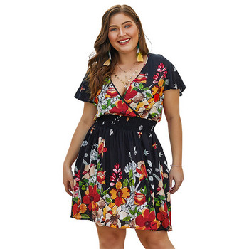 Rochie de dama cu maneci scurte si model floral in negru si verde