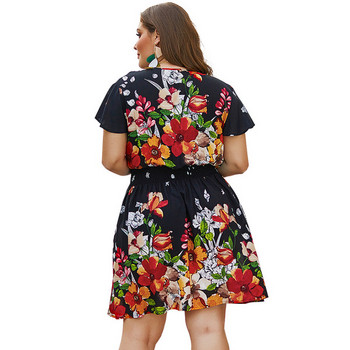 Rochie de dama cu maneci scurte si model floral in negru si verde