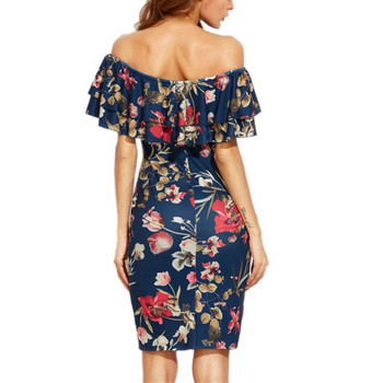 Rochie casual de dama cu umerii goi si model floral in albastru si alb