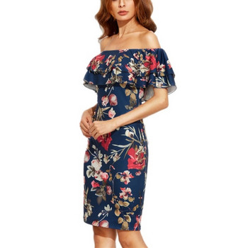 Rochie casual de dama cu umerii goi si model floral in albastru si alb