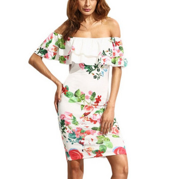 Rochie casual de dama cu umerii goi si model floral in albastru si alb